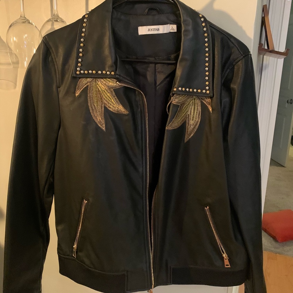 Embroidered black ‘leather’ jacket